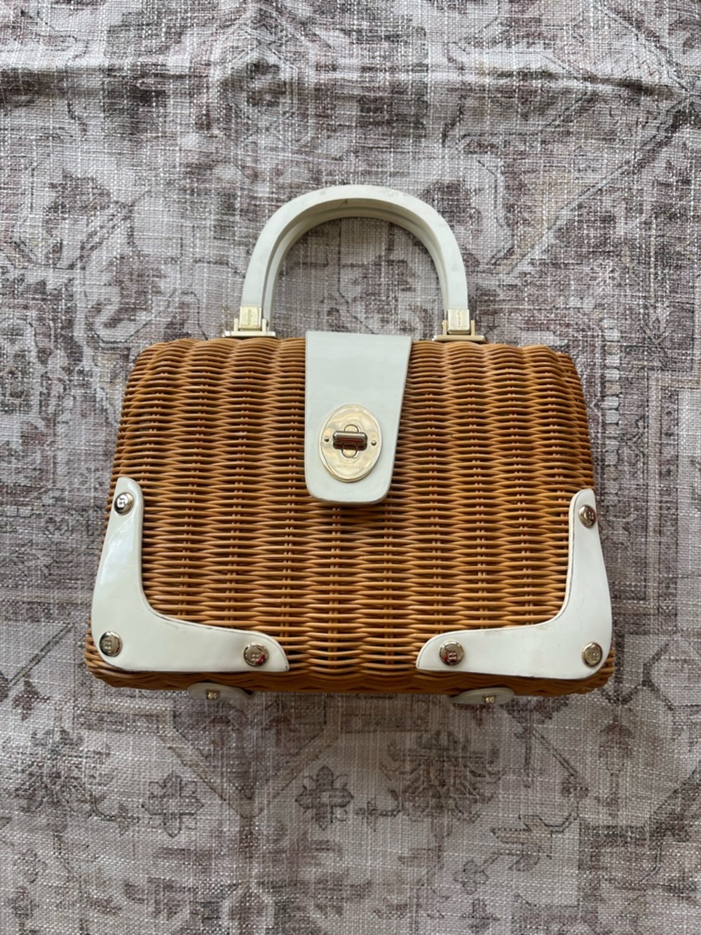 Kate Spade Natural Woven Tote with White Trim and Purple Lining